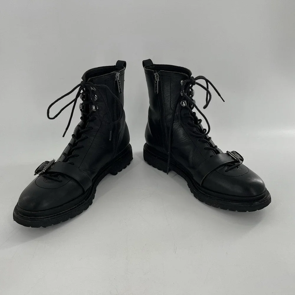 Franco Sarto Booties Ankle Boot Block Heel‎ Buckle Lace Zip Moto Black 8.5 Goth